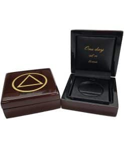 AA COIN Wood Box w/ AA Symbol - High Gloss Lacquer exterior, Leatherette finish inside.