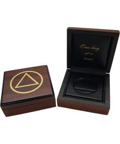 AA Coin Wood Box w/ AA Symbol -Natural Finish Exterior, Leatherette Finish Inside.